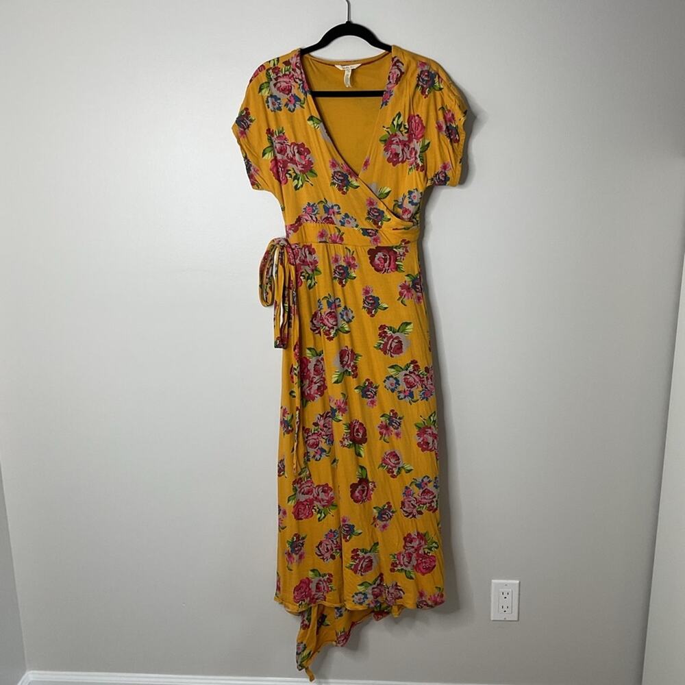 Matilda Jane Mustard Yellow Pink Floral Wrap V-neck Alana Maxi Dress Small
